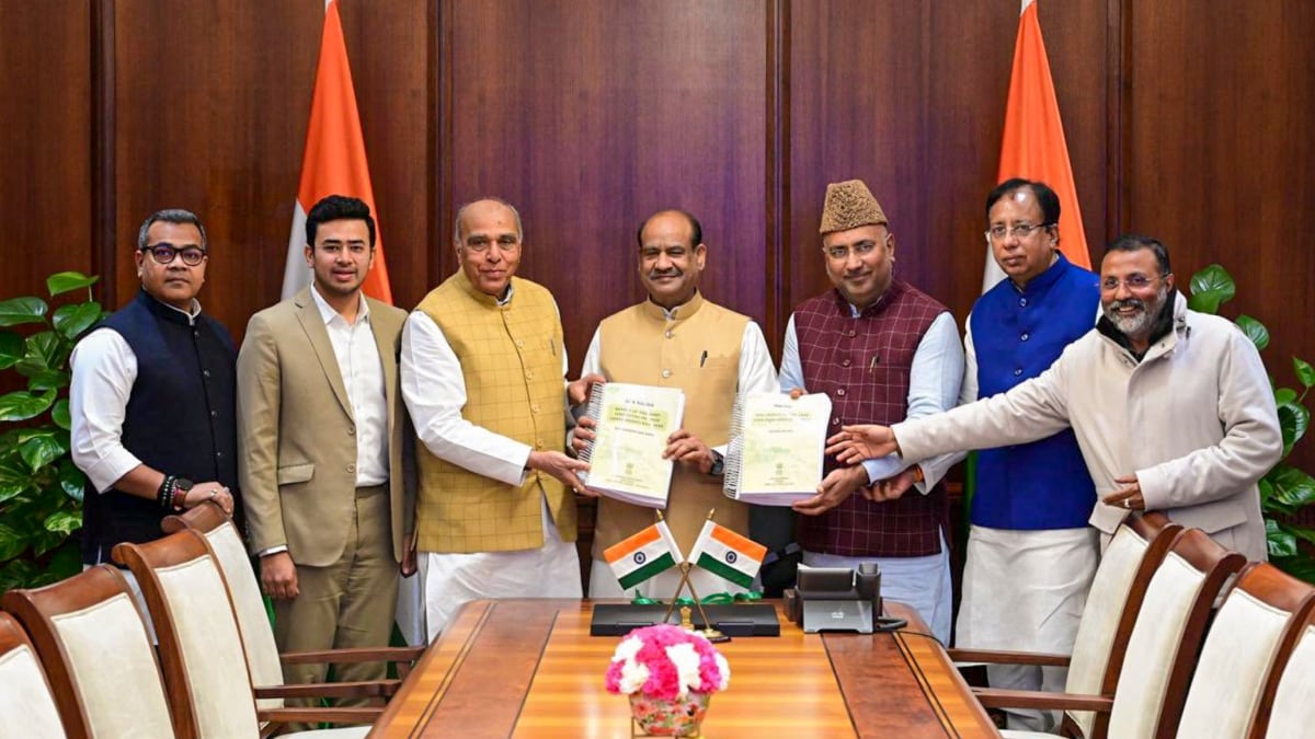 Members of the Joint Parliamentary Committee on Waqf Amendment Bill headed by its Chairman Jagdambika Pal during the submission of its report to Lok Sabha Speaker Om Birla, at the Parliament House, in New Delhi | PTI 