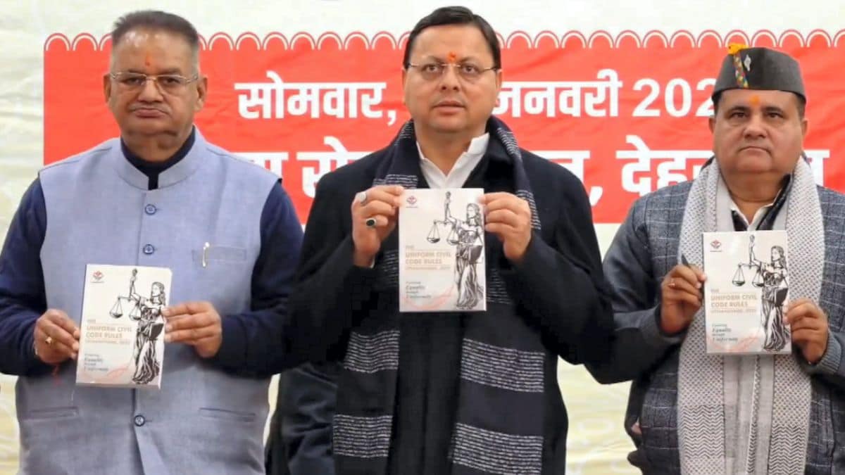 Uttarakhand Chief Minister Pushkar Singh Dhami (centre) at an event to announce the implementation of the Uniform Civil Code, in Dehradun | PTI 