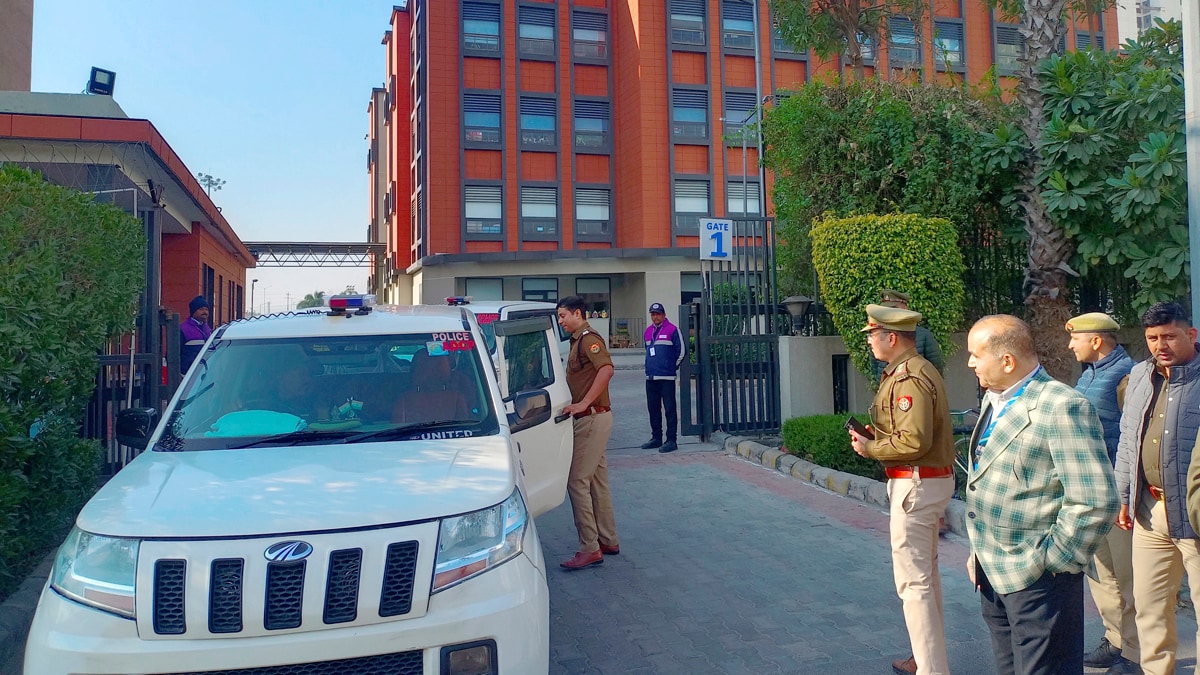 Noida: Senior police officers at the Shiv Nadar School which received a bomb threat, in Noida, Friday, Feb. 7, 2025. (PTI Photo) (PTI02_07_2025_000017A)