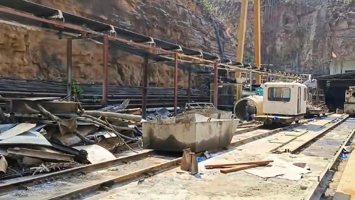 **EDS: SCREENSHOT VIA VIDEO FROM DIPR** Nagarkurnool: The site of a rescue operation where  'Cadaver dog' squad has been deployed to trace workers trapped inside the partially collapsed Srisailam Left Bank Canal (SLBC) project tunnel, in Nagarkurnool, Telangana, Monday, March 10, 2025. (PTI Photo)(PTI03_10_2025_000204B)