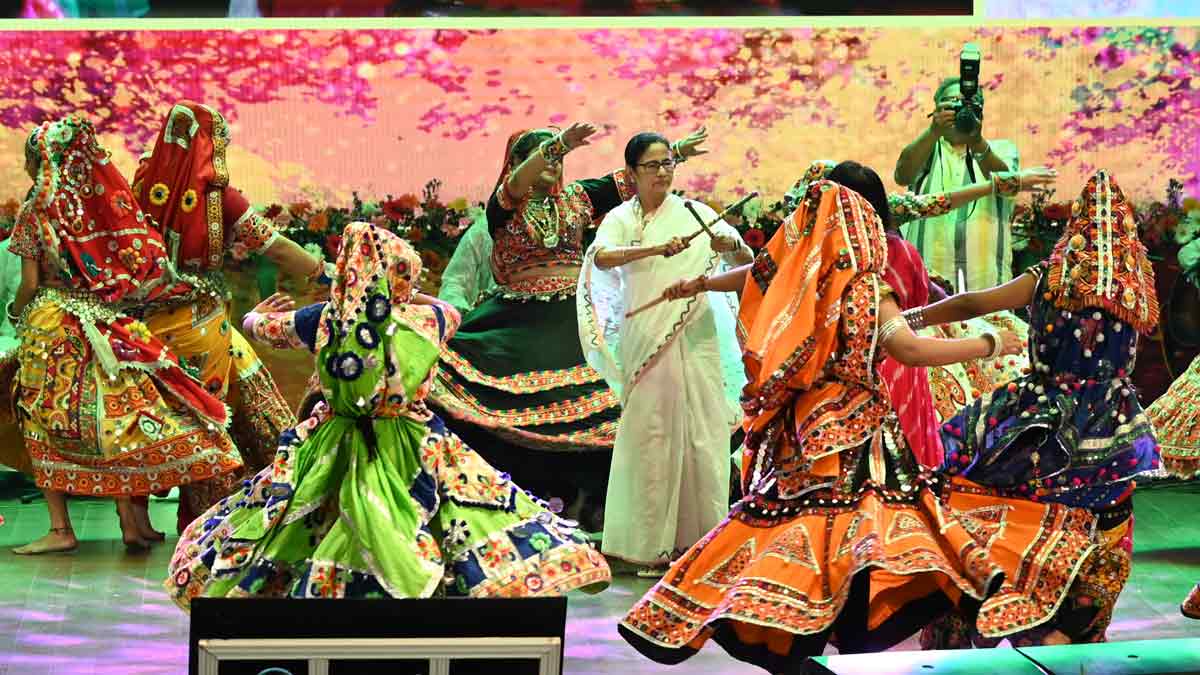 Mamata Banerjee participating in a Dandiya dance performance at Dhana Dhanya Auditorium in Kolkata as part of pre-Holi celebrations | Salil Bera