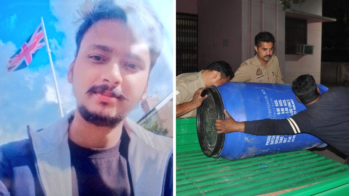 Saurabh Rajput. (Right) The concrete-filled drum used to store Saurabh's remains | X 