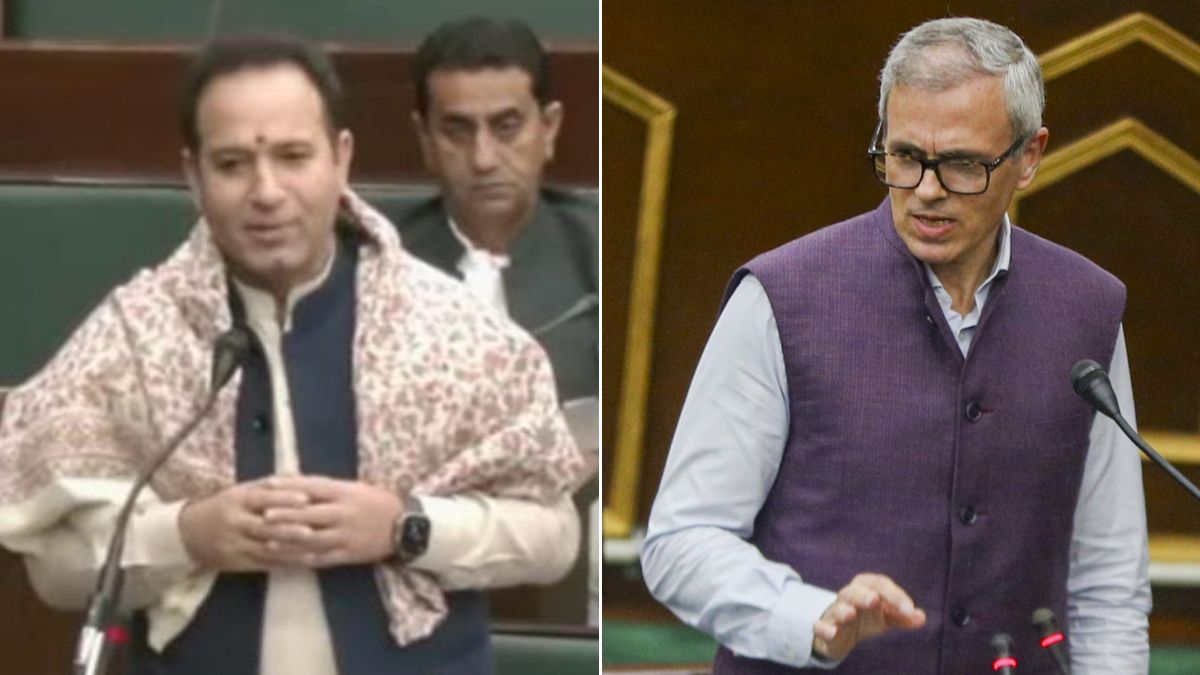 J&K CM Omar Abdullah (right)  and opposition leader Sunil Sharma (left) in the J&K legislative assembly | X, PTI