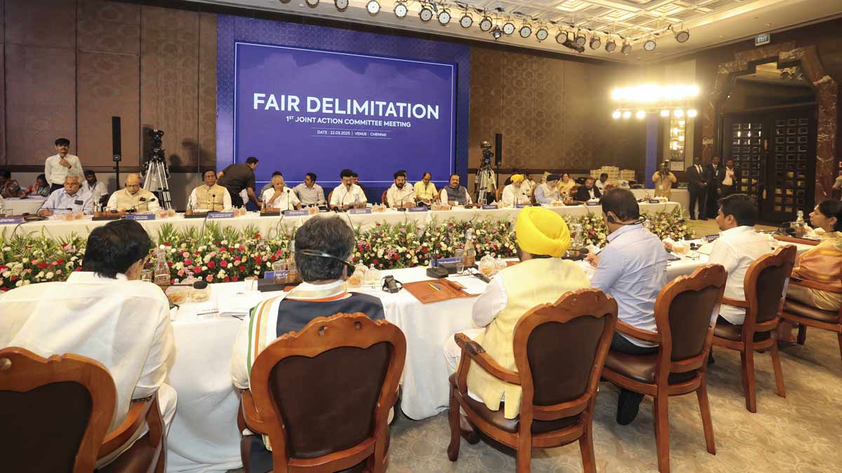 Tamil Nadu Chief Minister MK Stalin addresses the first Joint Action Committee (JAC) meeting of states over the proposed delimitation of Parliamentary seats | PTI