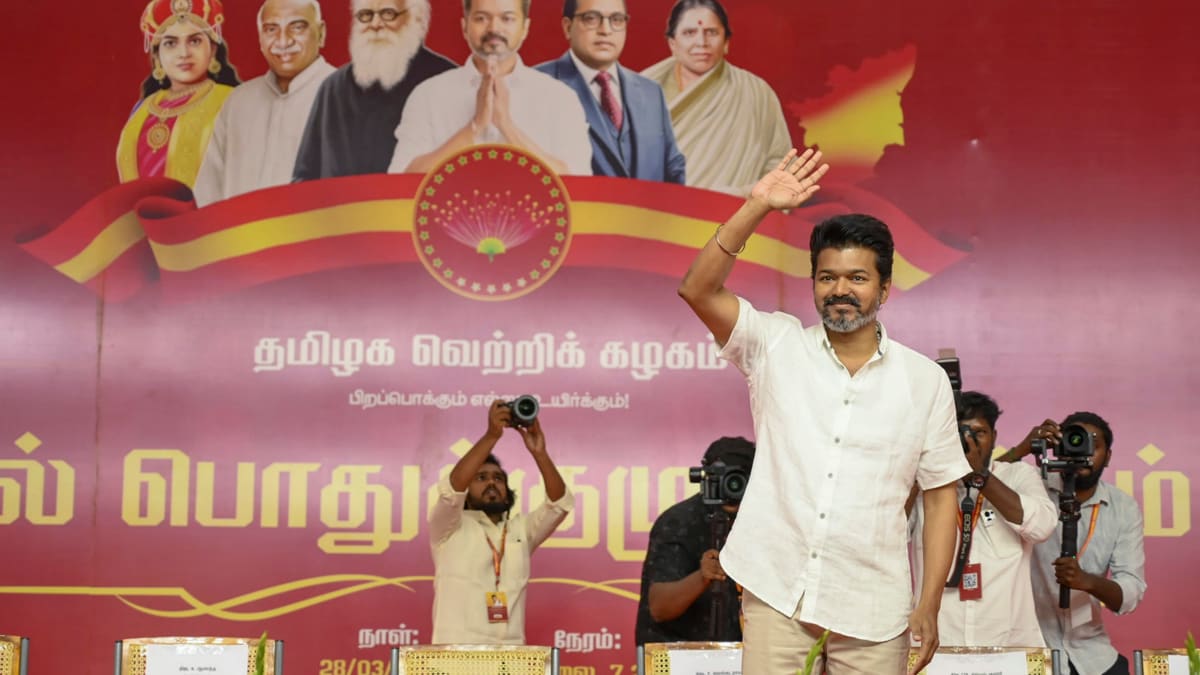 Chennai: Actor and Tamilaga Vettri Kazhagam (TVK) chief Vijay during the party's first general council meeting, in Chennai, Friday, March 28, 2025. (PTI Photo)(PTI03_28_2025_000095B)