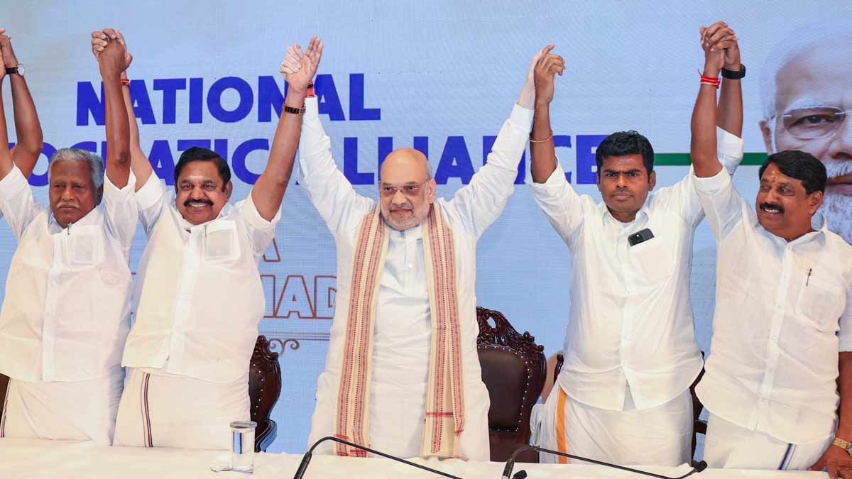 Union Home Minister Amit Shah with AIADMK general secretary Edappadi K Palaniswami, Tamil Nadu BJP President K Annamalai and others during a press conference, in Chennai | PTI