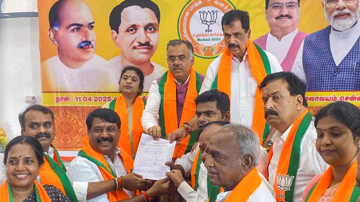 BJP leader Nainar Nagendran files nomination for Tamil Nadu BJP President in the presence of the party's National General Secretary Tarun Chugh, in Chennai | PTI