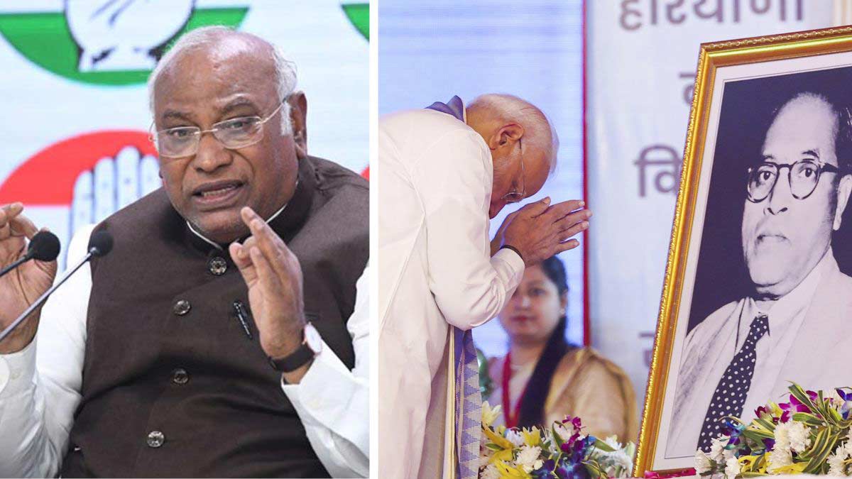 (File) Mallikarjun Kharge; Prime Minister Narendra Modi pays tribute to B.R. Ambedkar on his birth anniversary, during a public meeting, in Hisar, Haryana | PTI