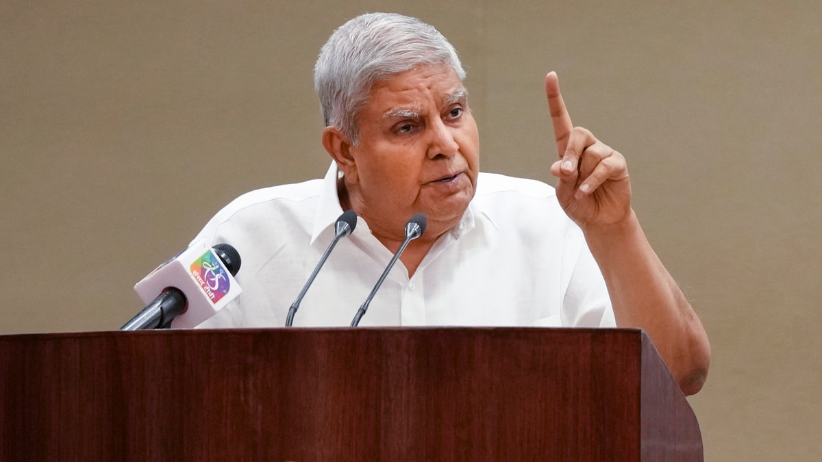 New Delhi: Vice President Jagdeep Dhankhar addresses the valedictory ceremony for the 6th Batch of Rajya Sabha Interns, at the Vice President Enclave, in New Delhi, Thursday, April 17, 2025. (PTI Photo/Vijay Verma) (PTI04_17_2025_000070B)