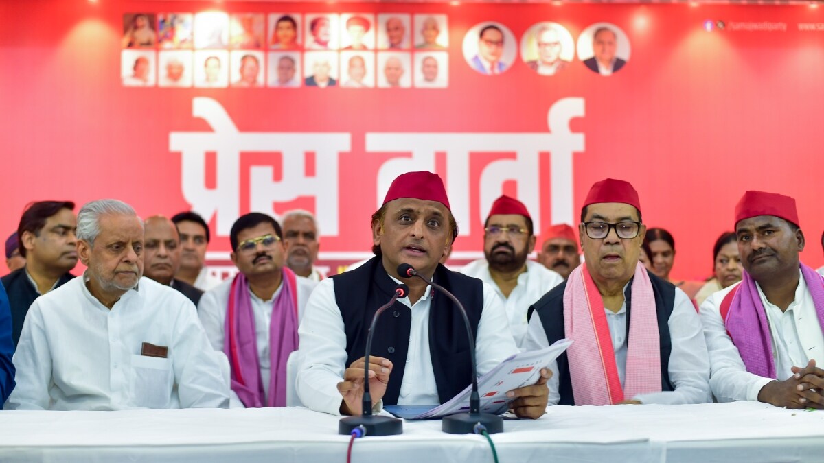 Samajwadi Party President Akhilesh Yadav addresses a press conference in Prayagraj | PTI