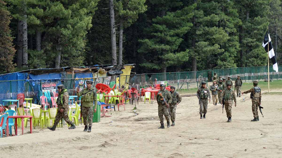 Security personnel patrol the site of the terrorist attack on tourists in Baisaran near Pahalgam in south Kashmir's Anantnag district | Reuters
