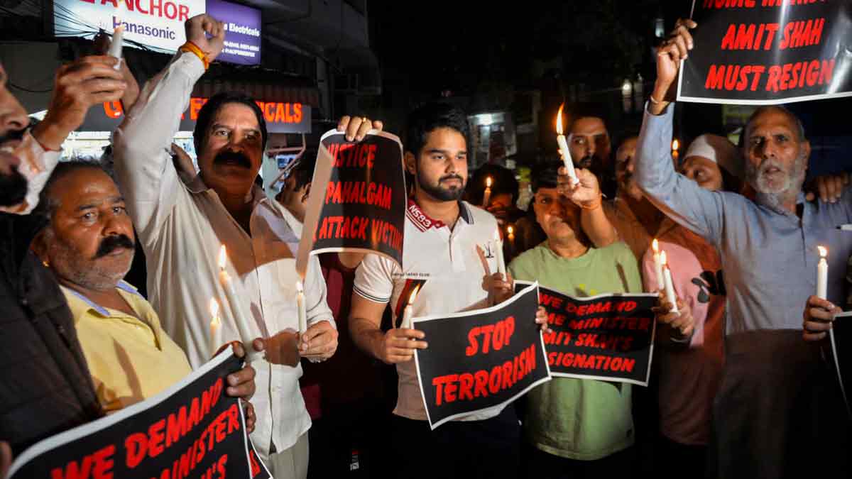 Youth Congress members hold a candlelight march in Jammu after terrorists attacked a group of tourists at Pahalgam in Anantnag district | PTI