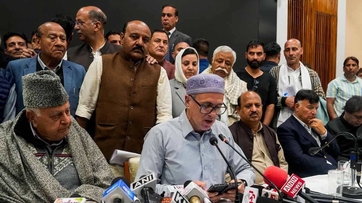 J&K Chief Minister Omar Abdullah with Deputy CM Surinder Kumar Choudhary and JKNC chief Farooq Abdullah addresses a press conference after an all-party meet, in Srinagar | PTI