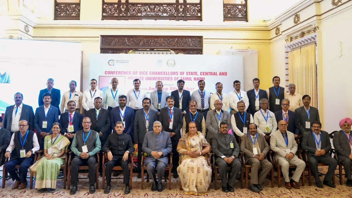Vice President Jagdeep Dhankhar poses for group photos during the inauguration of the Vice Chancellors conference in Tamil Nadu | PTI