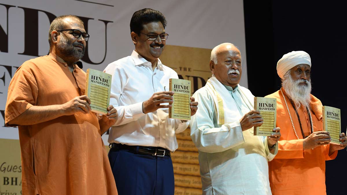 RSS chief Mohan Bhagwat during the release of the book 'The Hindu Manifesto' penned by Vishwa Hindu Parishad's joint general secretary Swami Vigyananand | Sanjay Ahlawat