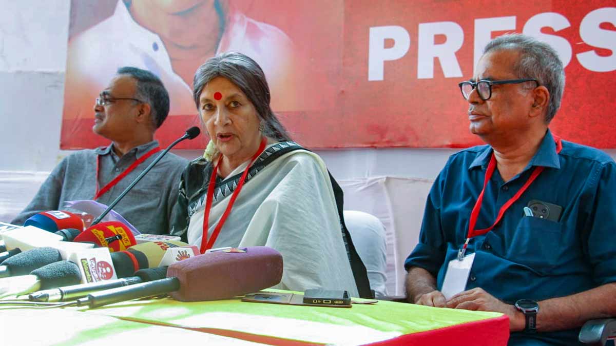 CPI-M politburo member Brinda Karat addresses a press conference, in Madurai, Tamil Nadu | PTI 