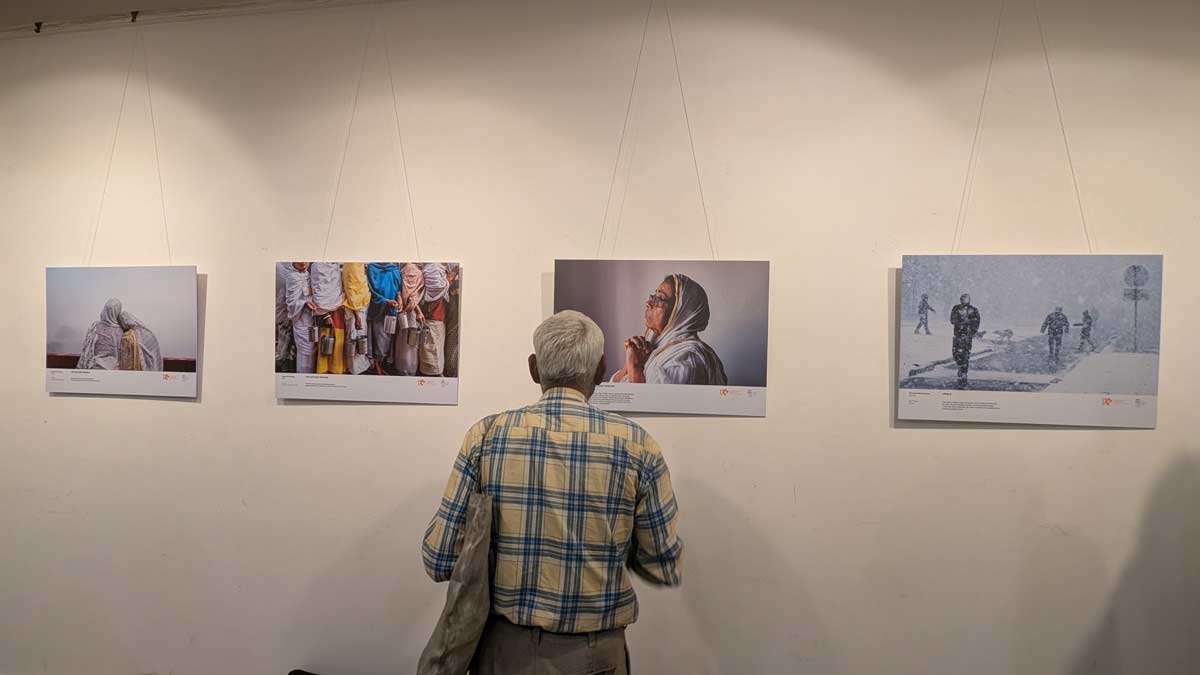 A visitor looking at the pictures displayed at the exhibition A visitor looking at the pictures displayed at the exhibition