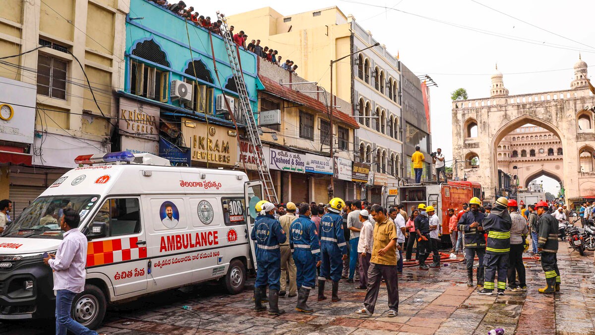 Hyderabad: Firefighters at work after a fire broke out in a building near Gulzar Houz in the Old City area of Hyderabad in Telangana, Sunday, May 18, 2025. At least eight people lost their lives and several others injured in the tragic incident. (PTI Photo) (PTI05_18_2025_000088B)