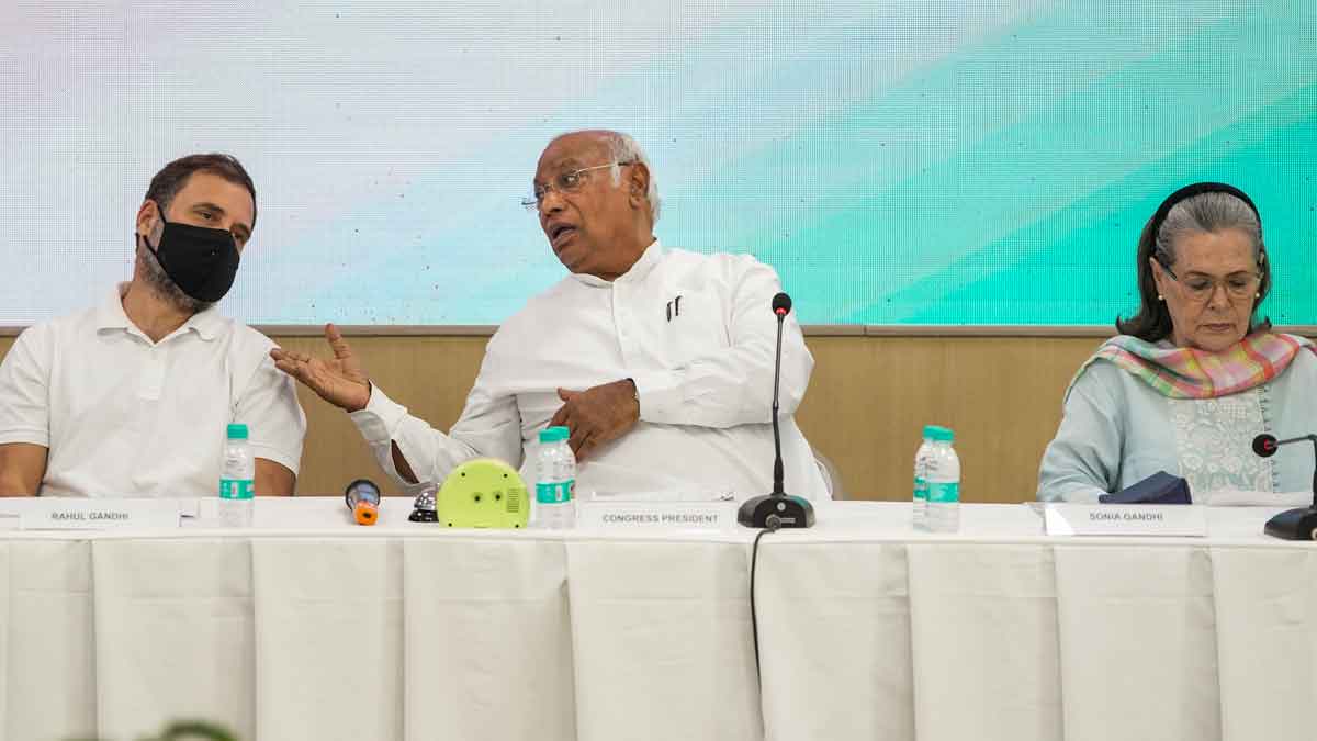 Congress President Mallikarjun Kharge, Congress Parliamentary Party chairperson Sonia Gandhi and party leader and LoP in Lok Sabha Rahul Gandhi during the Congress Working Committee (CWC) meeting, in New Delhi | PTI