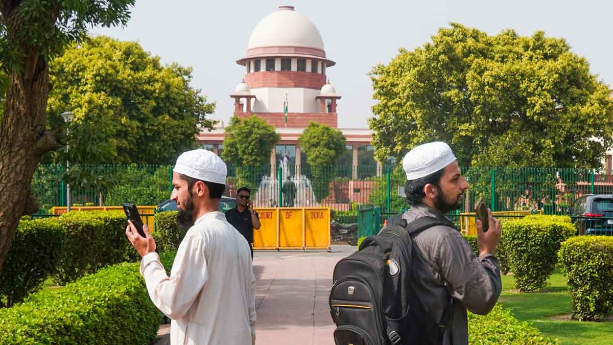 Muslim petitioners at the Supreme Court lawn during hearing on pleas challenging the Waqf Act amendments | PTI