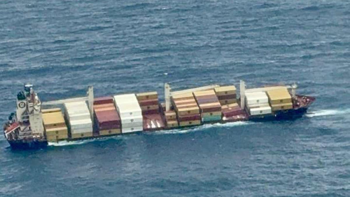 The image released by India Coast Guard shows the Liberian container vessel that developed a critical 26-degree list nearly 38 nautical miles southwest of Kochi | X  