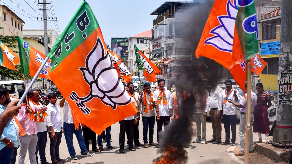 BJP workers take part in a protest