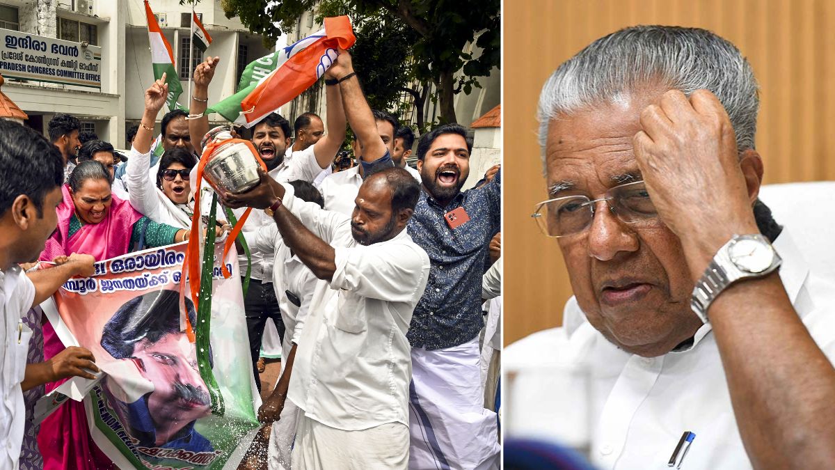 Congress workers celebrate the poll victory of Aryadan Shoukath in Nilambur Assembly by-election in Kerala, at the KPCC office, in Thiruvananthapuram; Pinarayi Vijayan