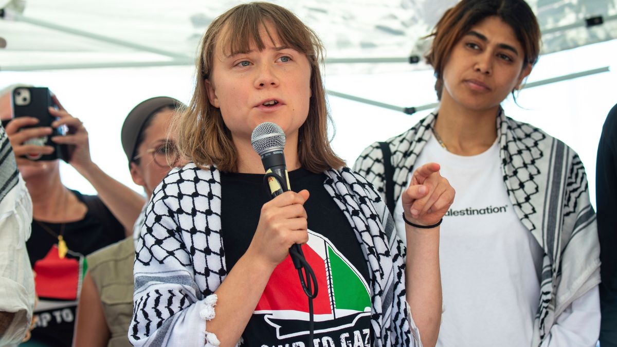 Climate activist Greta Thunberg with other activists from a human rights organization meets with journalists in Catania, Italy, Sunday, June 1, 2025, ahead of their departure for the Mideast | AP 