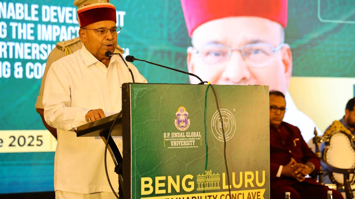Karnataka governor Thawar Chand Gehlot speaking at the O.P. Jindal Global University's event in Bengaluru 