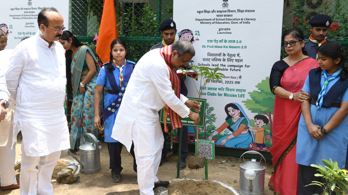 Union Education Minister Dharmendra Pradhan starts the plantation drive 'Ek Ped Maa Ke Naam 2.0" at PM Shree KV, as Delhi eductation minister Ashish Sood looks on | Sanjay Ahlawat