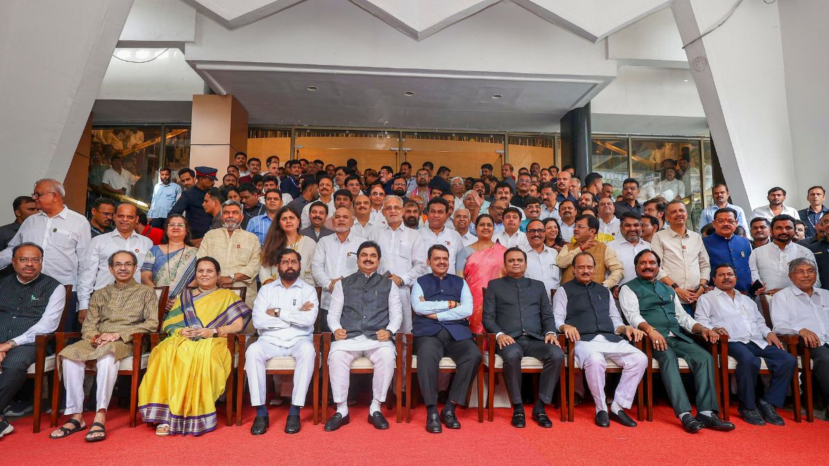 Maharashtra Chief Minister Devendra Fadnavis with Deputy CMs Ajit Pawar and Eknath Shinde, Legislative Council Chairman Ram Shinde, Legislative Assembly Speaker Rahul Narwekar, Shiv Sena UBT chief Uddhav Thackeray and others poses for a group picture at Vidhan Bhavan | PTI