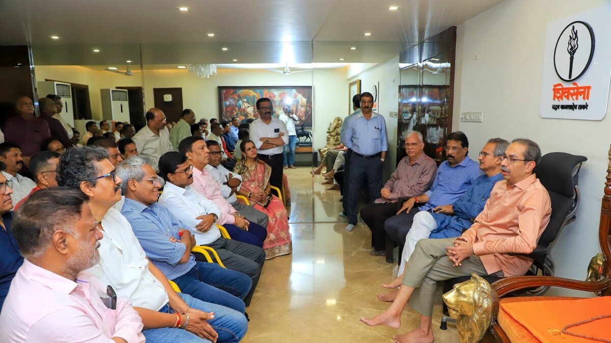 Shiv Sena (UBT) chief Uddhav Thackeray during a meeting with Vima Karmachari Sena members after their win in the Vima Kamgar Co-operative Bank elections | PTI