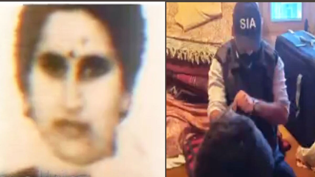 (L) Sarla Bhat; (R) SIA carrying out raids in central Kashmir