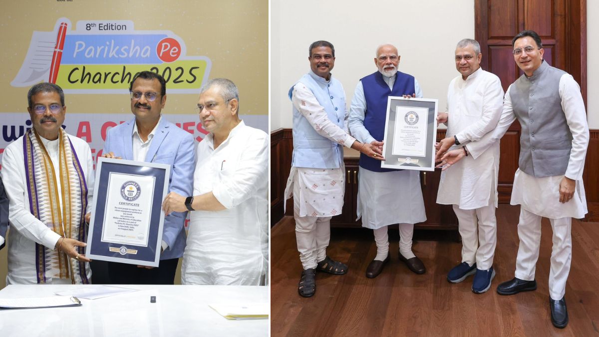 Education Minister Dharmendra Pradhan receives the Guinness World Record certificate for Pariksha Pe Charcha; Pradhan presents the Guinness World Record certificate for PAHAL LPG scheme to PM Narendra Modi
