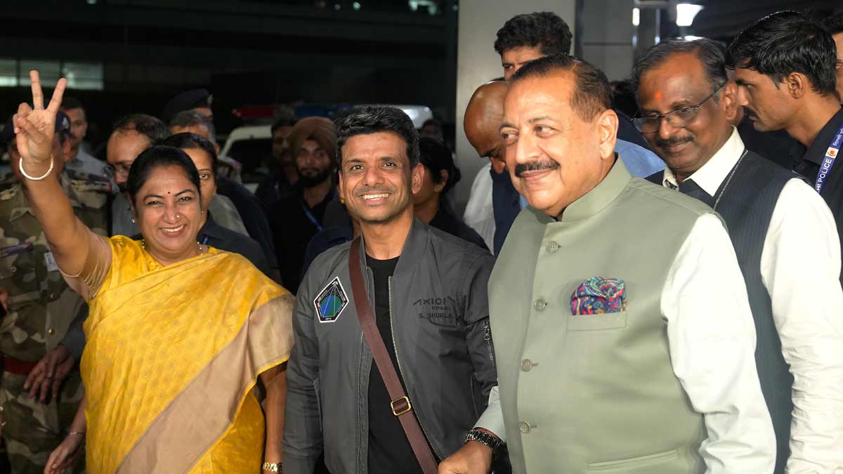 Delhi Chief Minister Rekha Gupta, Union Minister of Science and Technology Jitendra Singh and Indian Space Research Organisation (ISRO) Chairman V Narayanan receive Astronaut Shubhanshu Shukla upon his arrival at the Indira Gandhi International (IGI) Airport, in New Delhi | PTI