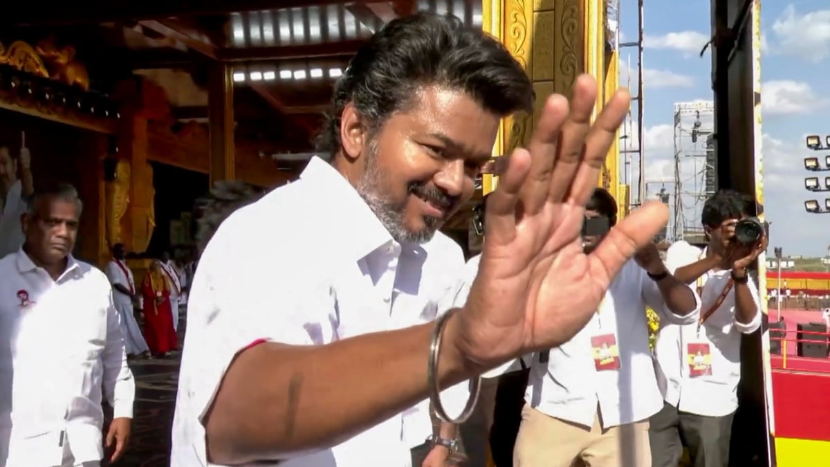 **EDS: SCREENSHOT VIA PTI/TVK VIDEOS** Madurai: Tamilaga Vettri Kazhagam (TVK) President Vijay during the party's second State-level conference, in Madurai, Thursday, Aug. 21, 2025. (PTI Photo) (PTI08_21_2025_000229B)
