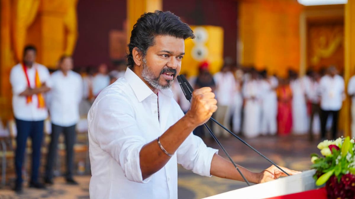 Madurai: Tamilaga Vettri Kazhagam (TVK) President Vijay addresses the party's second State-level conference, in Madurai, Thursday, Aug. 21, 2025. (PTI Photo) (PTI08_21_2025_000242B)
