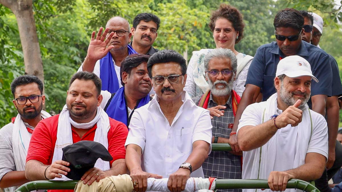 LoP in the Lok Sabha and Congress leader Rahul Gandhi, Tamil Nadu Chief Minister M.K. Stalin, LoP in the Bihar legislative assembly and RJD leader Tejashwi Yadav, CPI (ML) Liberation General Secretary Dipankar Bhattacharya, Congress leader Priyanka Gandhi Vadra, state party president Rajesh Ram during the 'Voter Adhikar Yatra', in Bihar | PTI