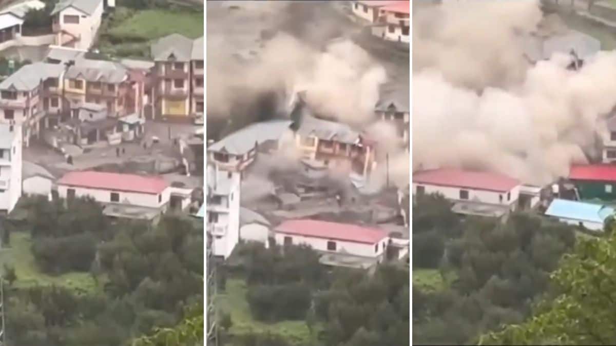 People run in panic as water and boulders come rushing in during the flash floods in Dharali
