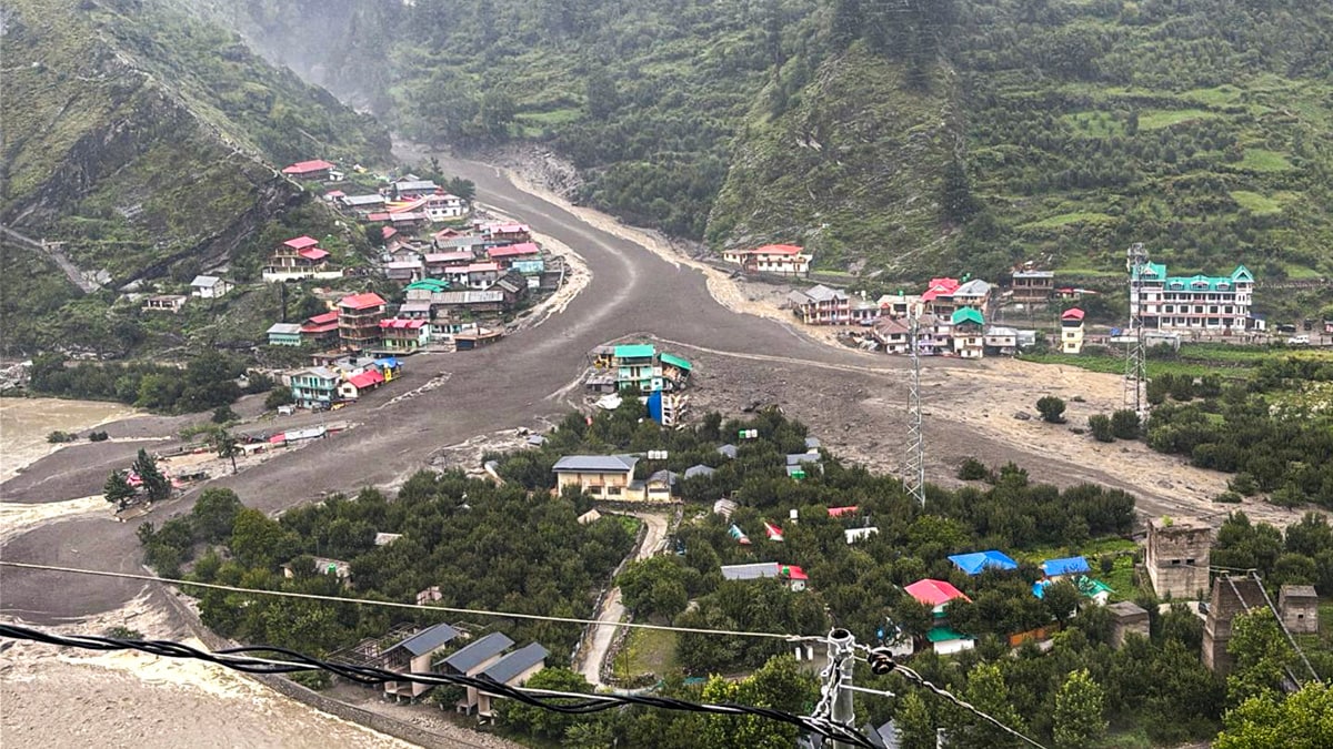 **EDS: THIRD PARTY IMAGE** In this image released by @UttarkashiPol via X on Aug. 5, 2025, Damage reported in Dharali market area due to flash floods triggered by a cloudburst at Kheer Gad area of Uttarkashi district, Uttarakhand. (@UttarkashiPol on X via PTI Photo)(PTI08_05_2025_000345B)
