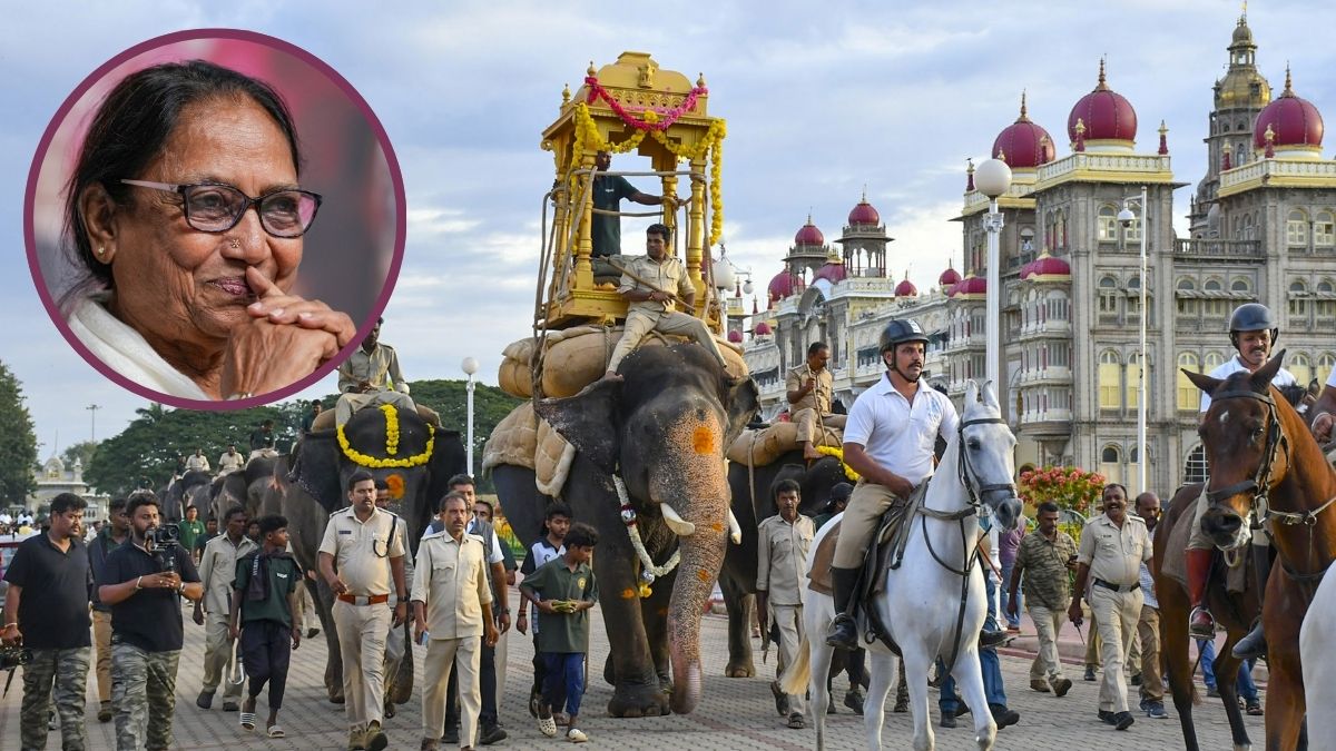 Booker Prize winner Banu Mushtaq (inset) and Mysuru Dasara elephant 'Abhimanyu' during 'Jamboo Savari' rehearsals, in Mysuru, Karnataka, on Sept. 15 2025 | PTI