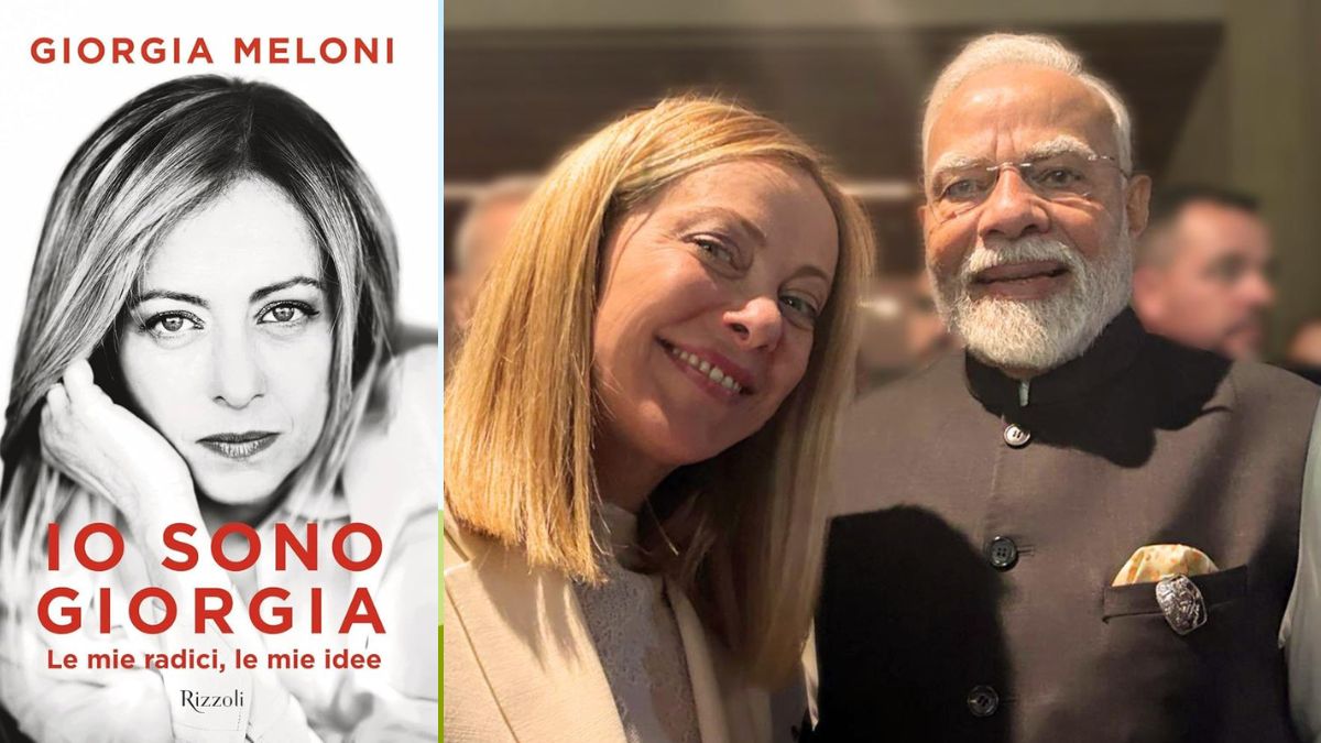The cover for the Italian edition of Giorgia Meloni's autobiography, 'I Am Giorgia: My Roots, My Principles' (L); Italian PM Meloni with her Indian counterpart Narendra Modi (R) | Rizzoli Libri, IG/@GiorgiaMeloni 