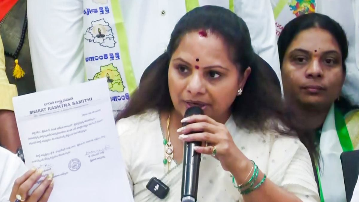  Suspended BRS leader K Kavitha addresses a press conference, in Hyderabad | PTI 