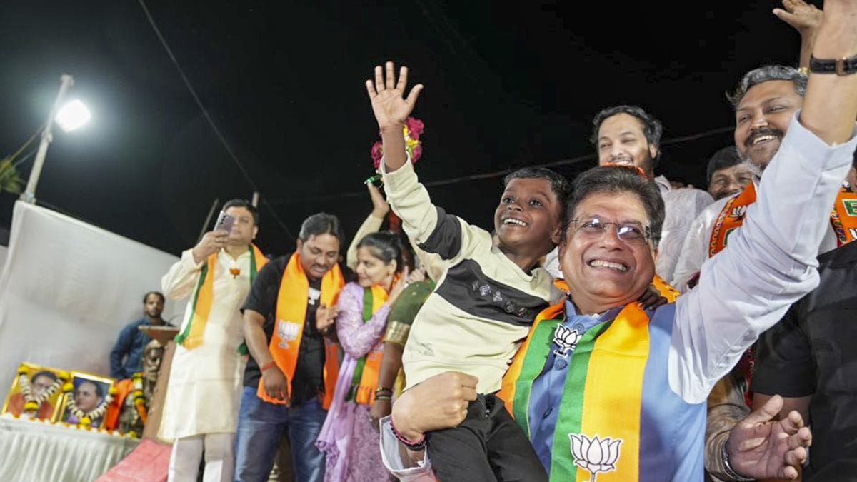 Union Minister Piyush Goyal greets the gathering during a public meeting ahead of the Brihanmumbai Municipal Corporation election, at Kandivali East area, in Mumbai | X 