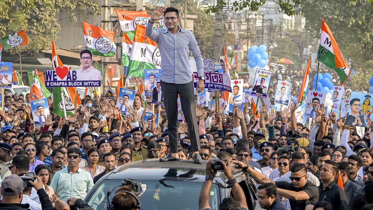 Nadia: TMC National General Secretary Abhishek Banerjee during a road show ahead of the West Bengal Assembly elections, in Nadia district, West Bengal, Sunday, Jan. 18, 2026. (PTI Photo)(PTI01_18_2026_000615A)