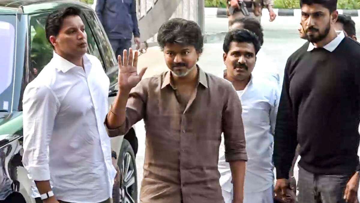 **EDS: SCREENGRAB VIA PTI VIDEOS** New Delhi: TVK chief and actor Vijay leaves from CBI headquarters after the second round of questioning in connection with the Karur stampede case, in New Delhi, Monday, Jan. 19, 2026. (PTI Photo) (PTI01_19_2026_000134B)