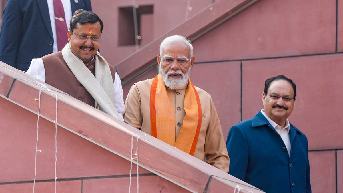 Prime Minister Narendra Modi with newly elected BJP national president Nitin Nabin and outgoing party president JP Nadda | PTI