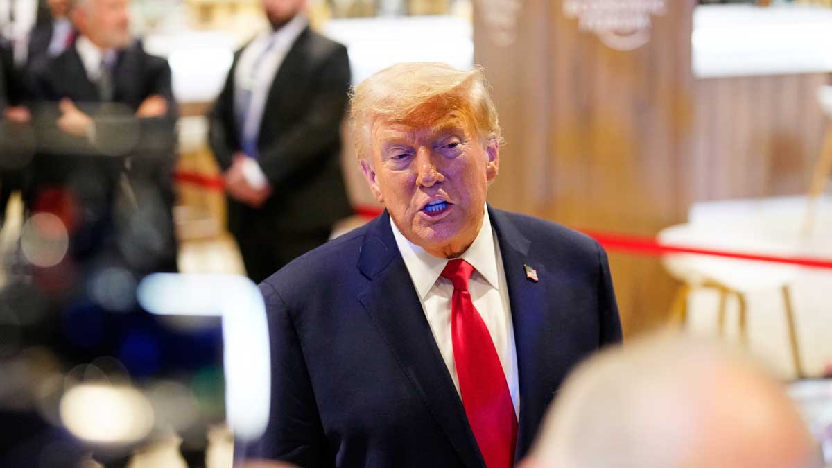 Donald Trump talks to the media after a speech during the Annual Meeting of the World Economic Forum in Davos | AP