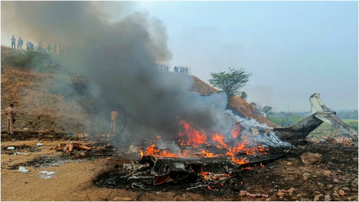 Maharashtra Deputy Chief Minister Ajit Pawar's plane in flames after it crashed during landing | PTI