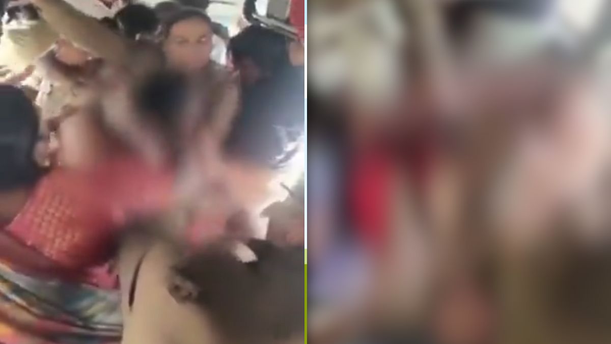 Blurred visuals showing Sujatha Handi inside the police bus, where she alleged she was forcibly stripped and beaten by police personnel | Screengrabs: X